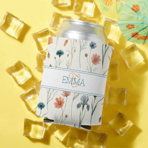 Enfriador De Latas Nombre Monograma Patrón Flor Silvestre Boho Naranj