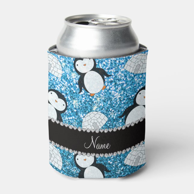 Enfriador De Latas Nombre personalizado azul cielo purpurina pingüino (Lata Anverso)