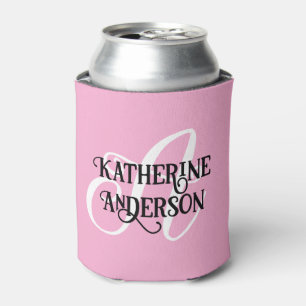 Enfriador De Latas Nombre personalizado con inicial rosa de letra scr