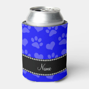 Enfriador De Latas Nombre personalizado corazones azul neón y huellas
