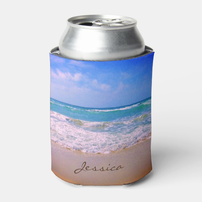 Enfriador De Latas Nombre personalizado de playa y mar (Lata Anverso)