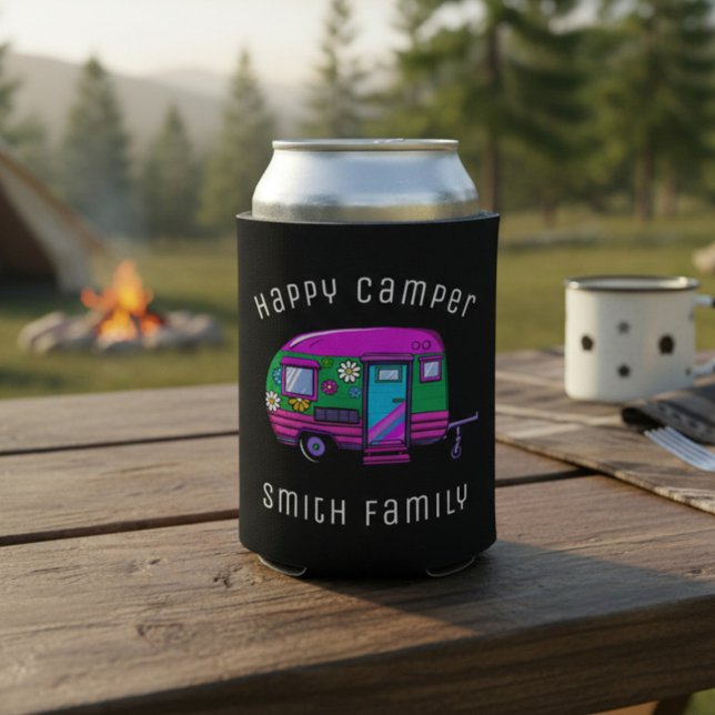 Enfriador De Latas Nombre personalizado de retro Happy Camper (Subido por el creador)