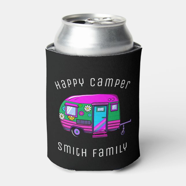 Enfriador De Latas Nombre personalizado de retro Happy Camper (Lata Anverso)