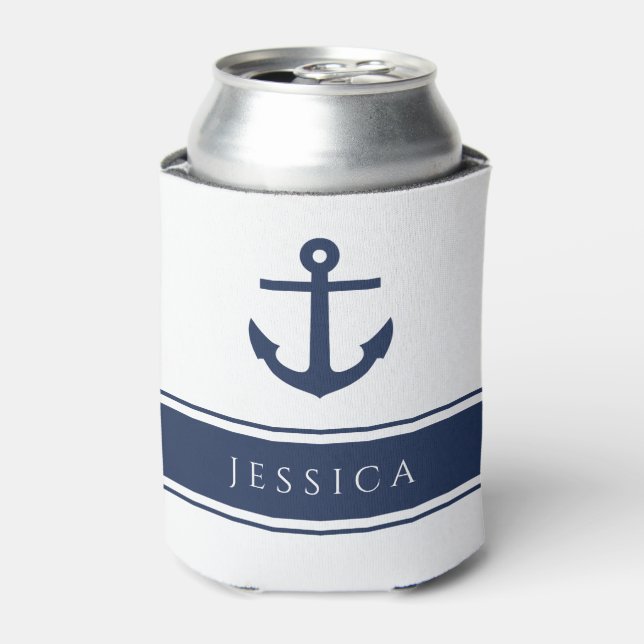 Enfriador De Latas Nombre personalizado del ancla náutica azul de la  (Lata Anverso)