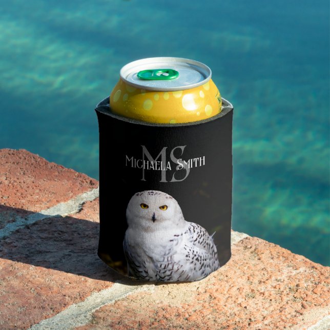 Enfriador De Latas Nombre personalizado del monograma de búho de niev (Piscina in situ)