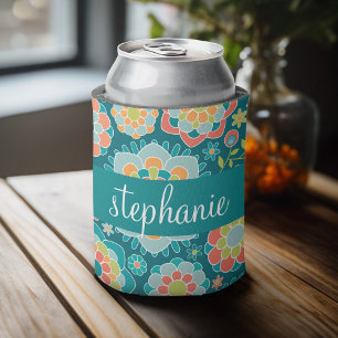 Enfriador De Latas Nombre personalizado del patrón floral de verano