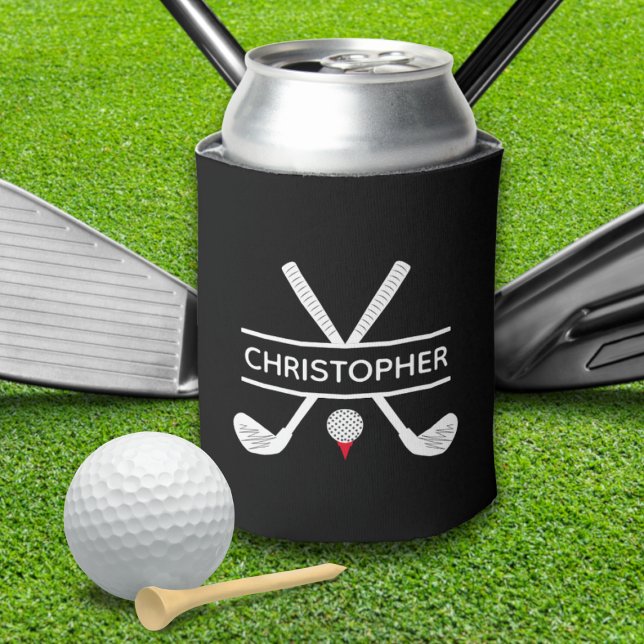 Enfriador De Latas Nombre personalizado Golf rojo blanco negro (Custom Name Black White Red Golf Can Cooler)