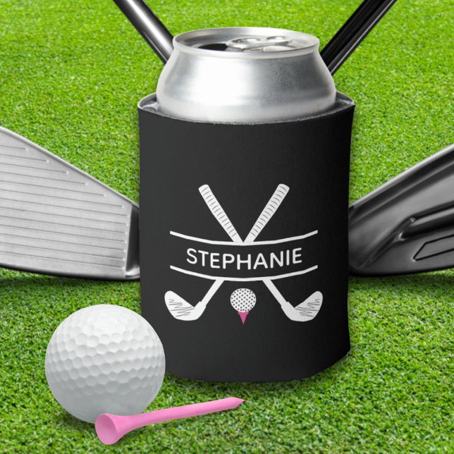 Enfriador De Latas Nombre personalizado Golf rosa blanco negro (Custom Name Black White Pink Golf Can Cooler)