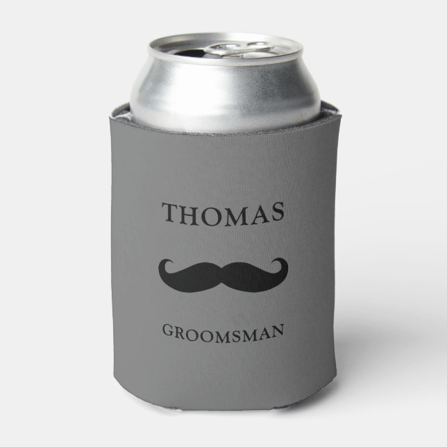 Enfriador De Latas nombre personalizado gris bigote Groomsman (Lata Anverso)