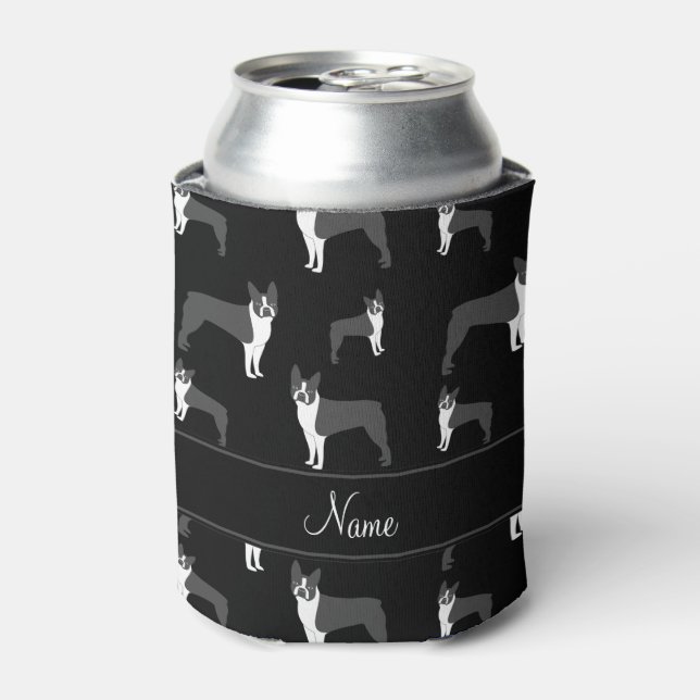 Enfriador De Latas Nombre personalizado: negro boston terrier (Lata Anverso)
