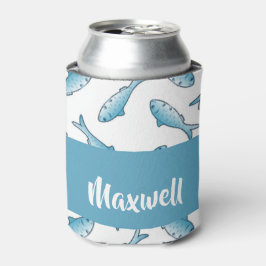 Enfriador De Latas Nombre personalizado pez azul en blanco
