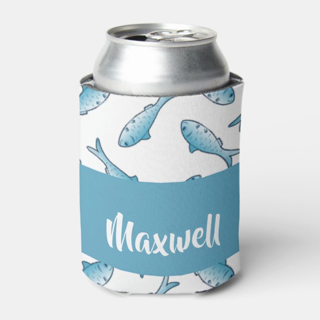 Enfriador De Latas Nombre personalizado pez azul en blanco (Lata Anverso)