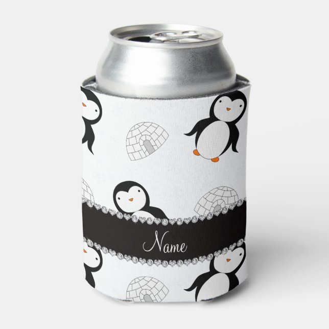 Enfriador De Latas Nombre personalizado pingüinos blancos iglús copos (Lata Anverso)