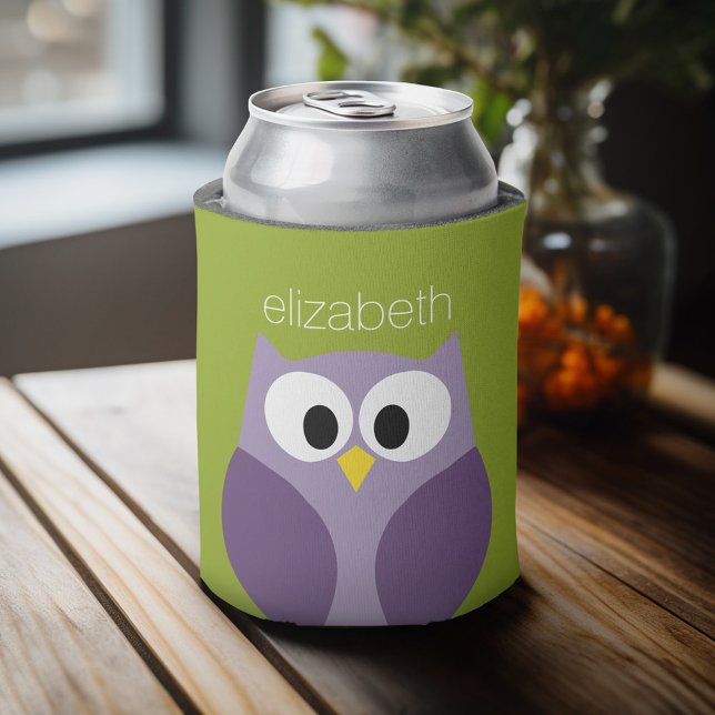 Enfriador De Latas Nombre personalizado púrpura y pistachio de búho P (Personalized can cooler with a place to add a name or other custom text)