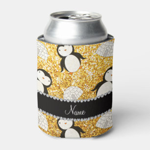 Enfriador De Latas Nombre personalizado purpurina amarillo pingüinos