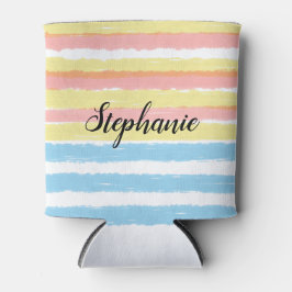 Enfriador De Latas Nombre Rayas color azul amarillo rosado Watecolor