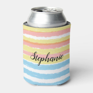 Enfriador De Latas Nombre Rosa Amarillo Azul Rayas Acuarela