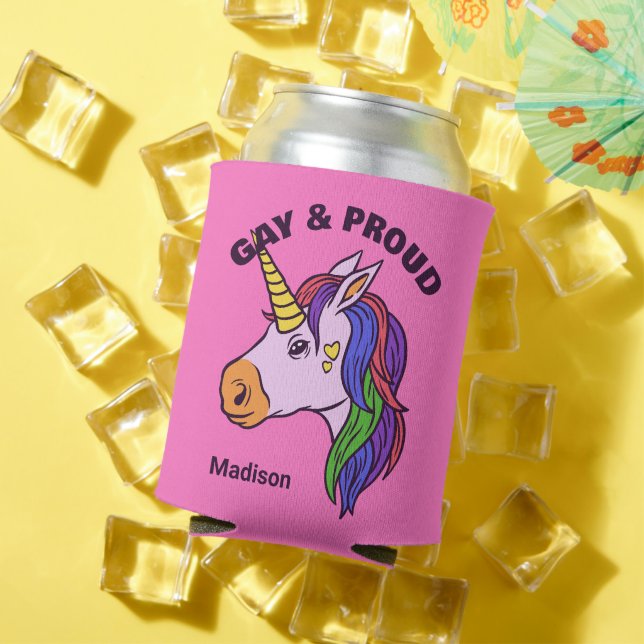 Enfriador De Latas Nombre y texto Gay Unicorn (Verano in situ)