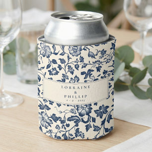 Enfriador De Latas Nombres de boda florales vintage en azul marino el
