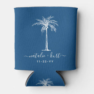 Enfriador De Latas Novia Groom Blue Palm Tree Custom Wedding