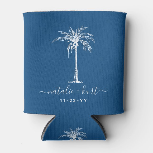 Enfriador De Latas Novia Groom Blue Palm Tree Custom Wedding (Anverso)