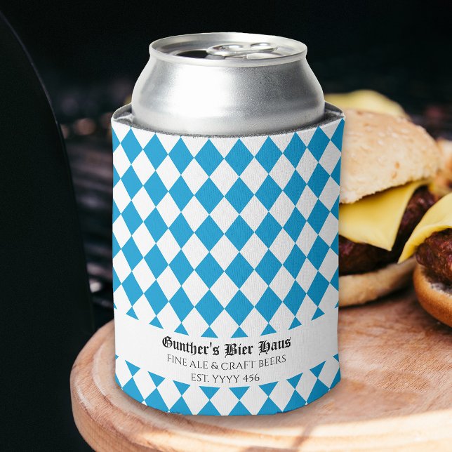 Enfriador De Latas Oktoberfest Personalizado Texto medieval Bayern Bl (Medieval Bayern blue and white beer can cooler for oktoberfest and beyond)
