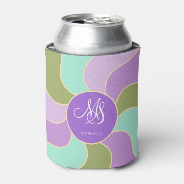Enfriador De Latas Ondas de sol Retro Verde Morado Monogramado Elegan (Lata Anverso)