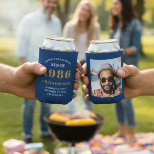 Enfriador De Latas Oro Azul de cumpleaños 40 con foto del personaliza