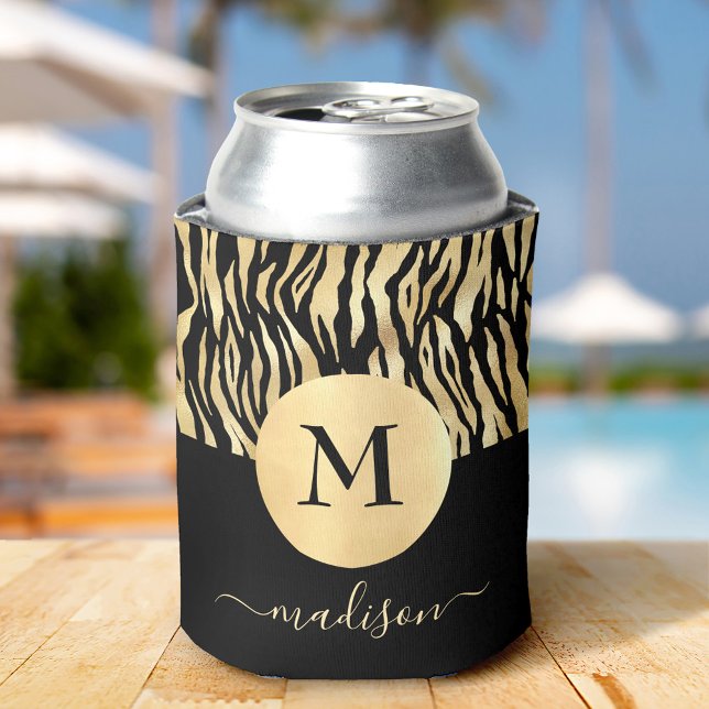 Enfriador De Latas Oro Negro Estampado Animal Monograma Nombre Glam C (Subido por el creador)