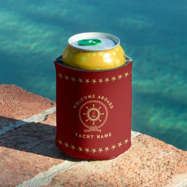 Enfriador De Latas Oro Rojo Oscuro Nautical Boat Wheel Knot Stars (Piscina in situ)