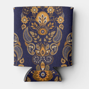 Enfriador De Latas Oro y azul, floral sin costuras.
