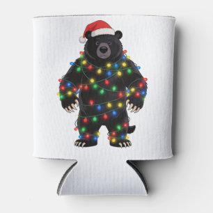 Enfriador De Latas Oso Negro Santa Sombrero Luces de Navidad Alegre  