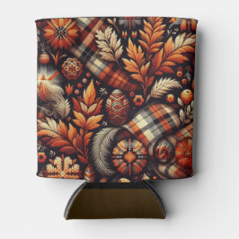 Enfriador De Latas Otoño Plaid Leaves Naranja Patrón negro
