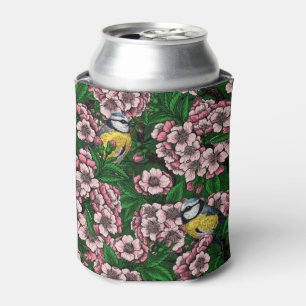 Enfriador De Latas Pájaros azules en el floreciente cerezo en verde