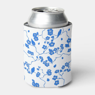 Enfriador De Latas Pájaros con flores de cerezo impresión azul
