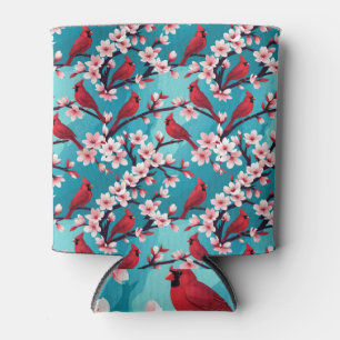 Enfriador De Latas Pájaros del cardenal rojo en ramas de flores de ce