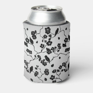 Enfriador De Latas Pájaros y flores de cerezo con patrón negro sobre