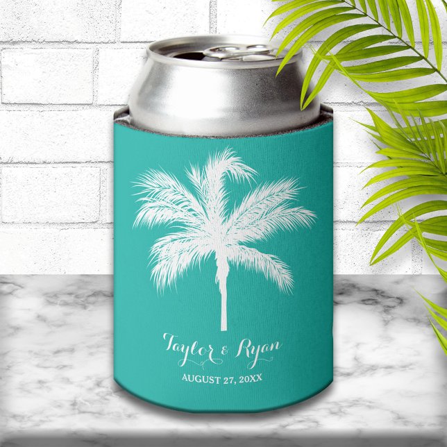 Enfriador De Latas Palm Tree Aqua Wedding Favor (Subido por el creador)