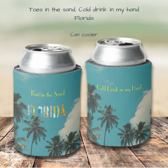 Enfriador De Latas Palm Tree Florida Beach House (Personalize this tropical Can Cooler. Toes in the sand, cold drink in my hand, Florida)