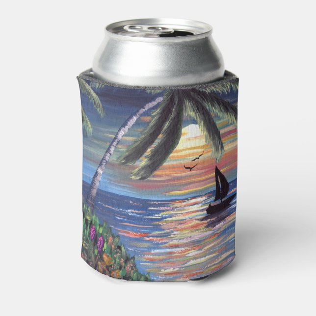 Enfriador De Latas Palm Trees Sunset Ocean Painting (Reverso de la lata)