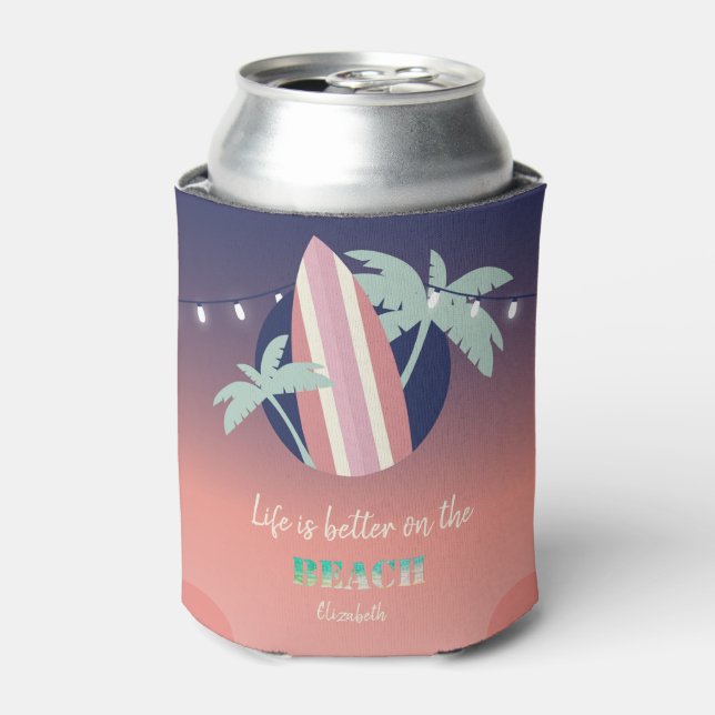 Enfriador De Latas Palmeras, Surfboard, String Lights Beach (Lata Anverso)