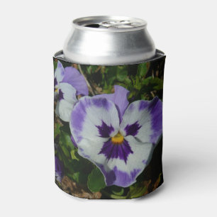 Enfriador De Latas Pansias moradas y blancas con flores coloridas