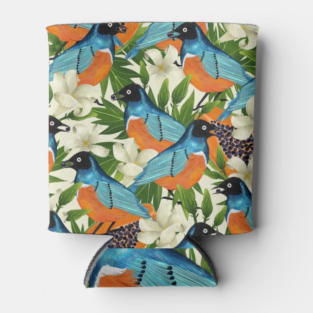 Enfriador De Latas Papaya tropical y patrón de aves. (Anverso)