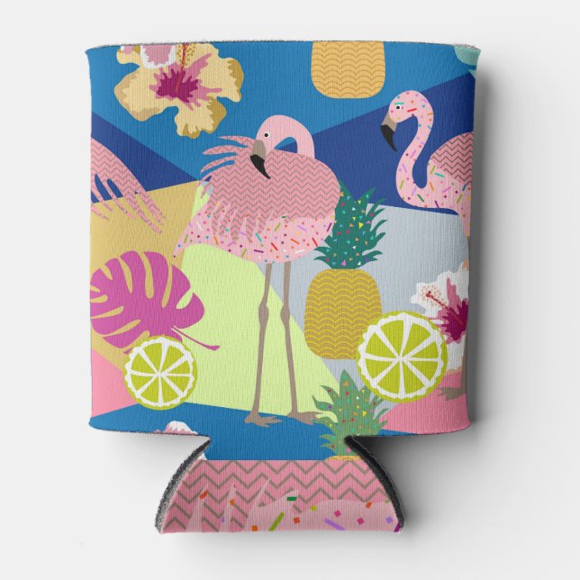 Enfriador De Latas Paraíso tropical: Flamingos Pineapples Oscuros (Anverso)