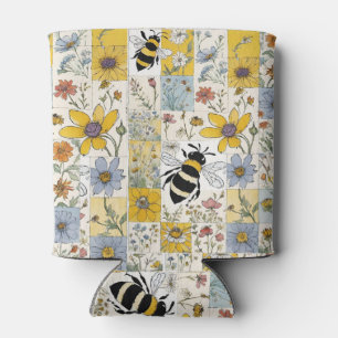 Enfriador De Latas Parche floral de abejas amarillo y azul