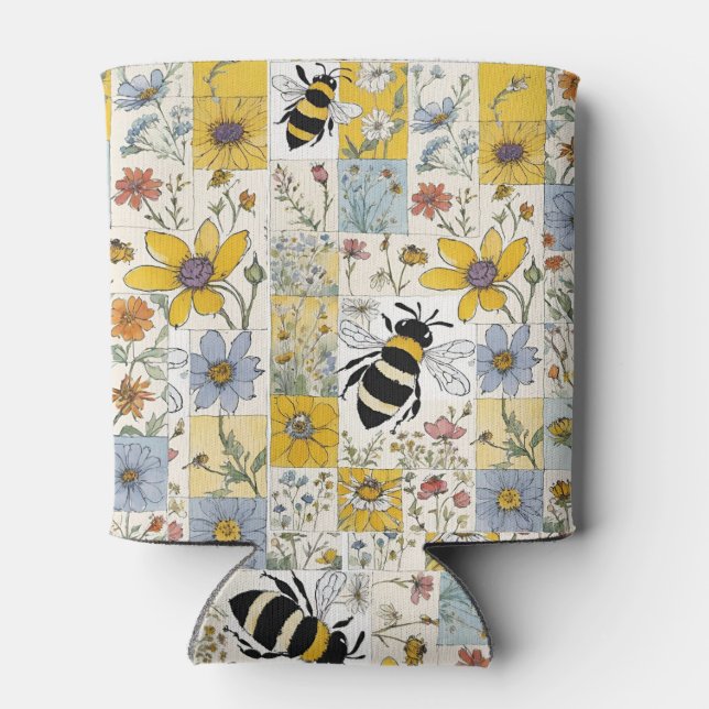 Enfriador De Latas Parche floral de abejas amarillo y azul (Reverso)