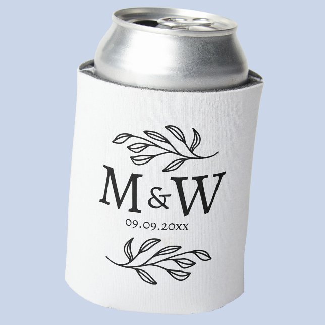 Enfriador De Latas Pareja Monograma Boda Fecha Elegante Botánica (Modern wedding couple monogram initials date botanical leaf can cooler)