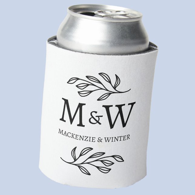 Enfriador De Latas Pareja Monograma Nombres Boda Elegante Botánico (Wedding couple monogram name initials modern botanical leaf design can cooler)