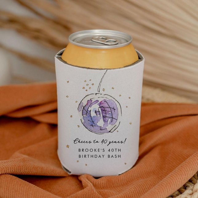 Enfriador De Latas Partido de cumpleaños Star Studded Disco Ball Wate (Purple disco ball watercolor illustration birthday party personalized can cooler.)