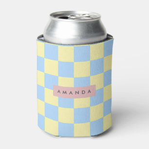Enfriador De Latas Pastel Amarillo y Azul Personalizado a Cuadros